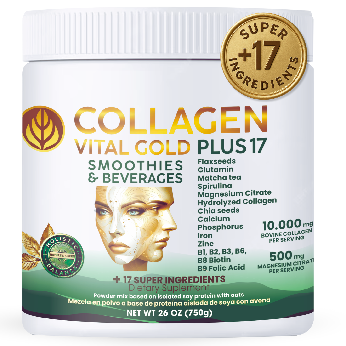 Collagen Peptides Powder +17 Super Ingredients, Mint & Lemon Flavor.