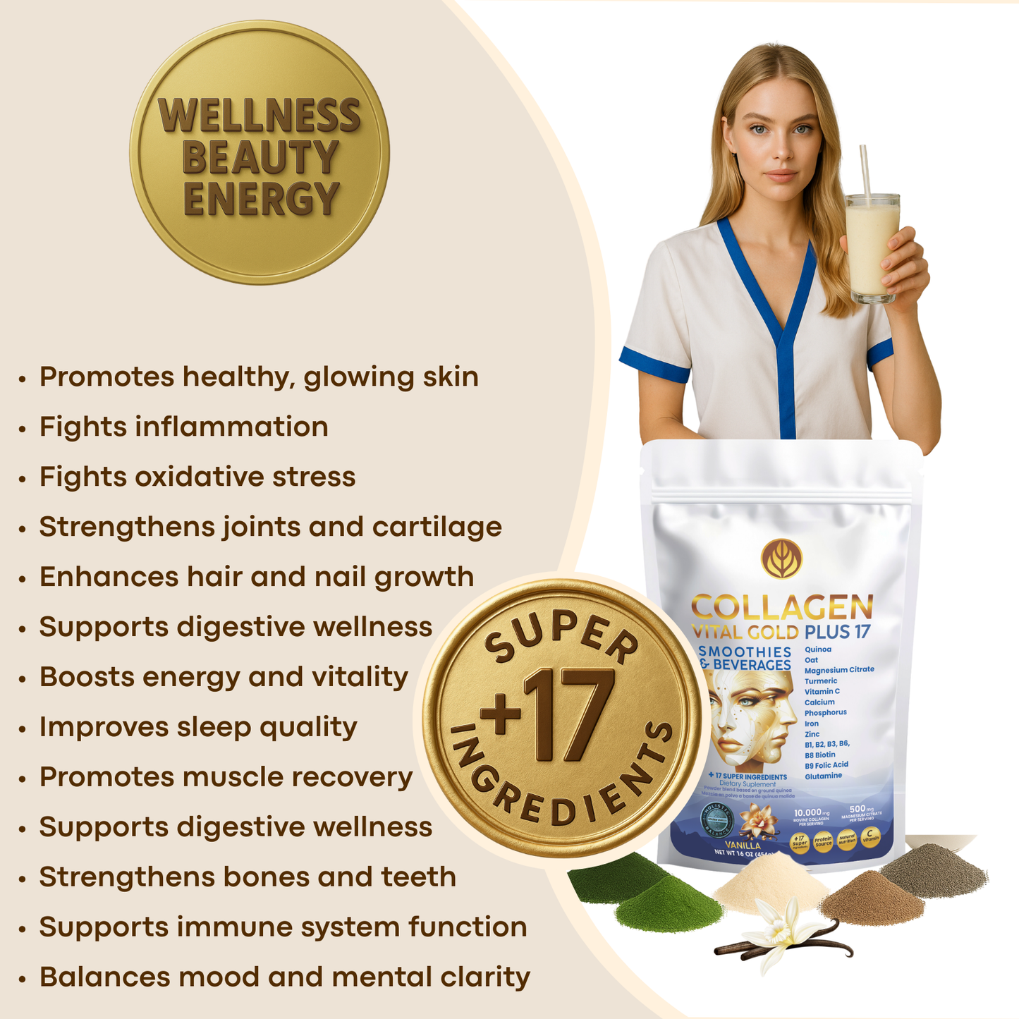 Collagen Peptides Powder +17 Super Ingredients, Vanilla Flavor.