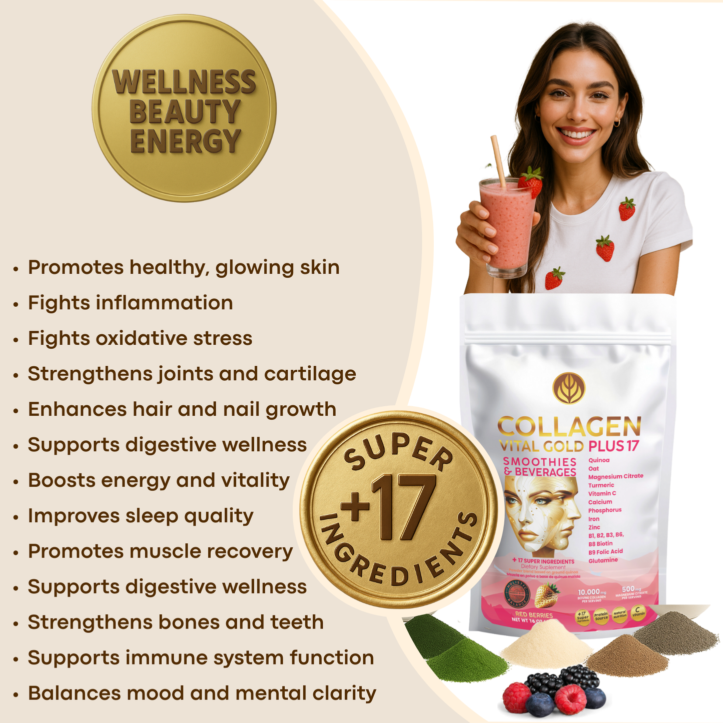 Collagen Peptides Powder +17 Super Ingredients, Red Berries Flavor.