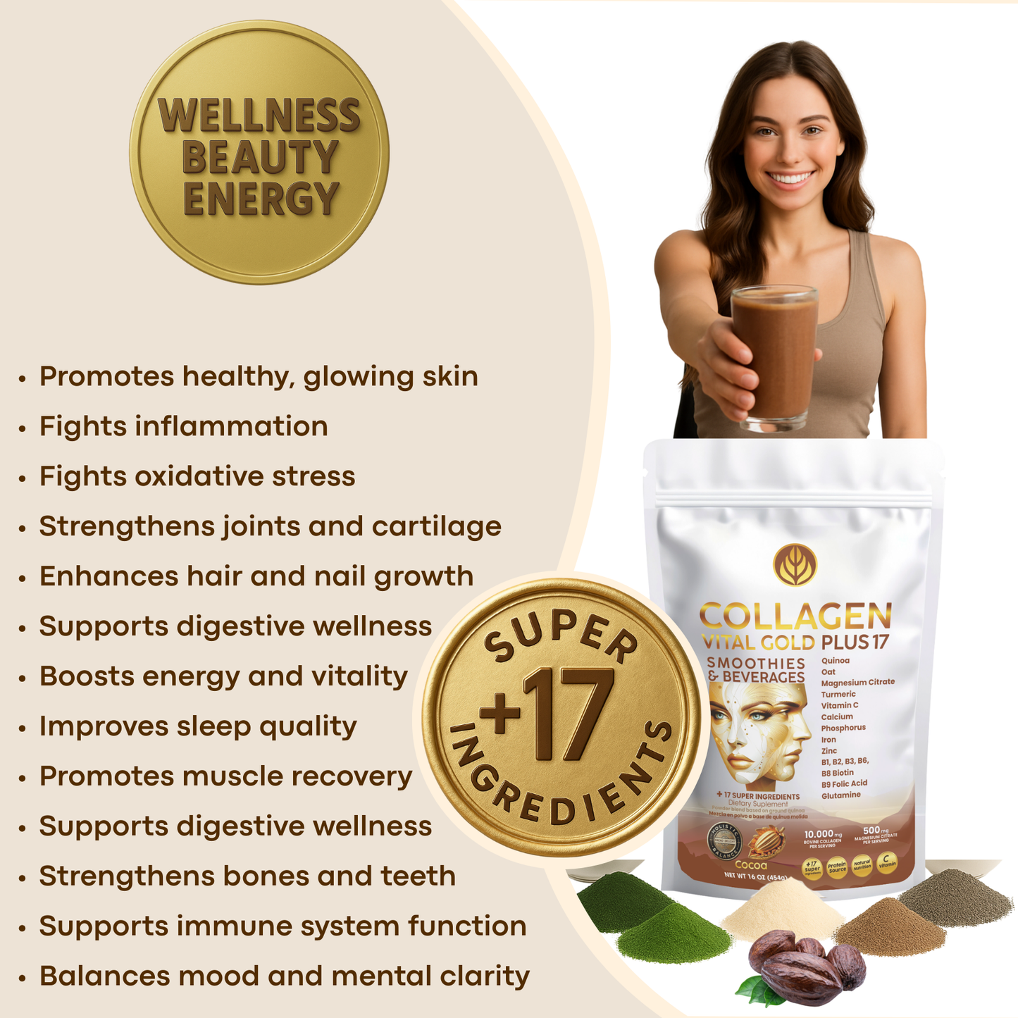 Collagen Peptides Powder +17 Super Ingredients, Cocoa Flavor.