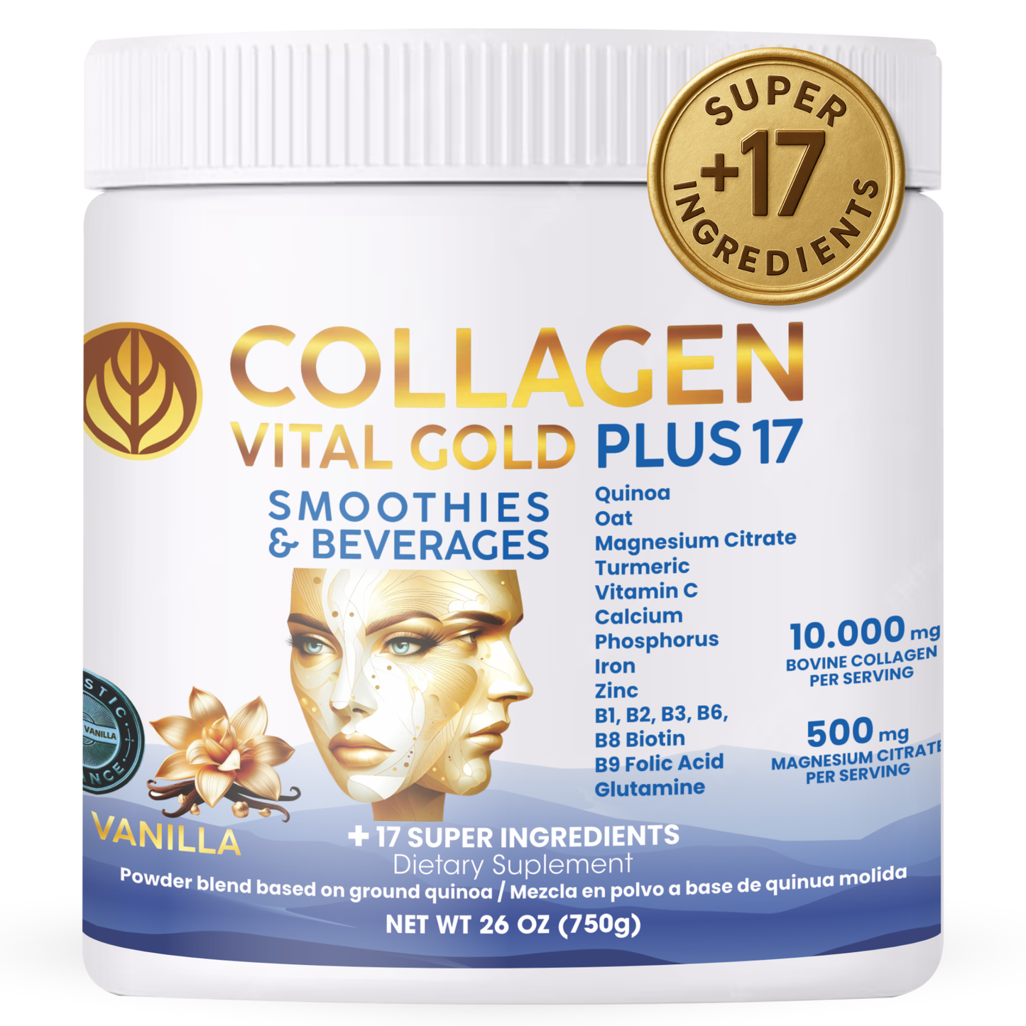 Collagen Peptides Powder +17 Super Ingredients, Vanilla Flavor.