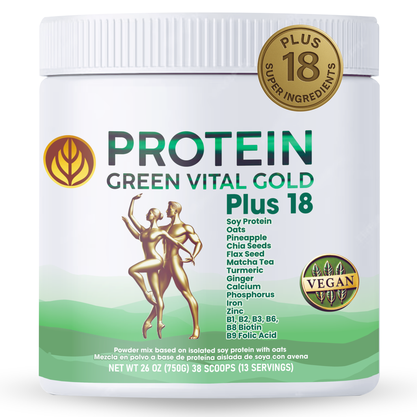 Protein Green Gold Plus 18 - Vegan Protein Whit 18 Super Ingredients.