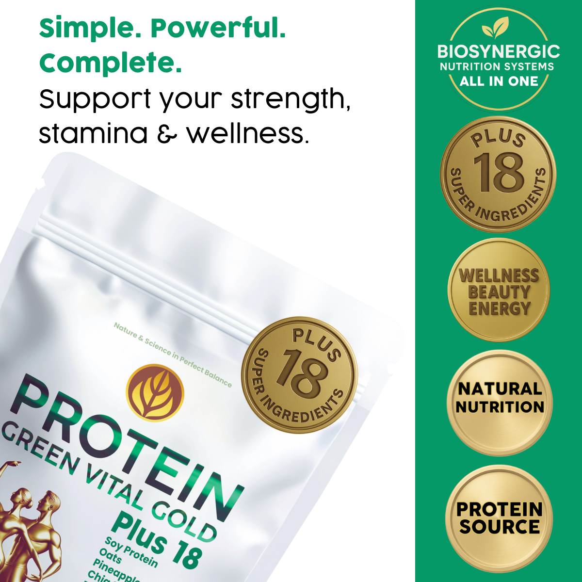 Protein Green Gold Plus 18 - Vegan Protein Whit 18 Super Ingredients.