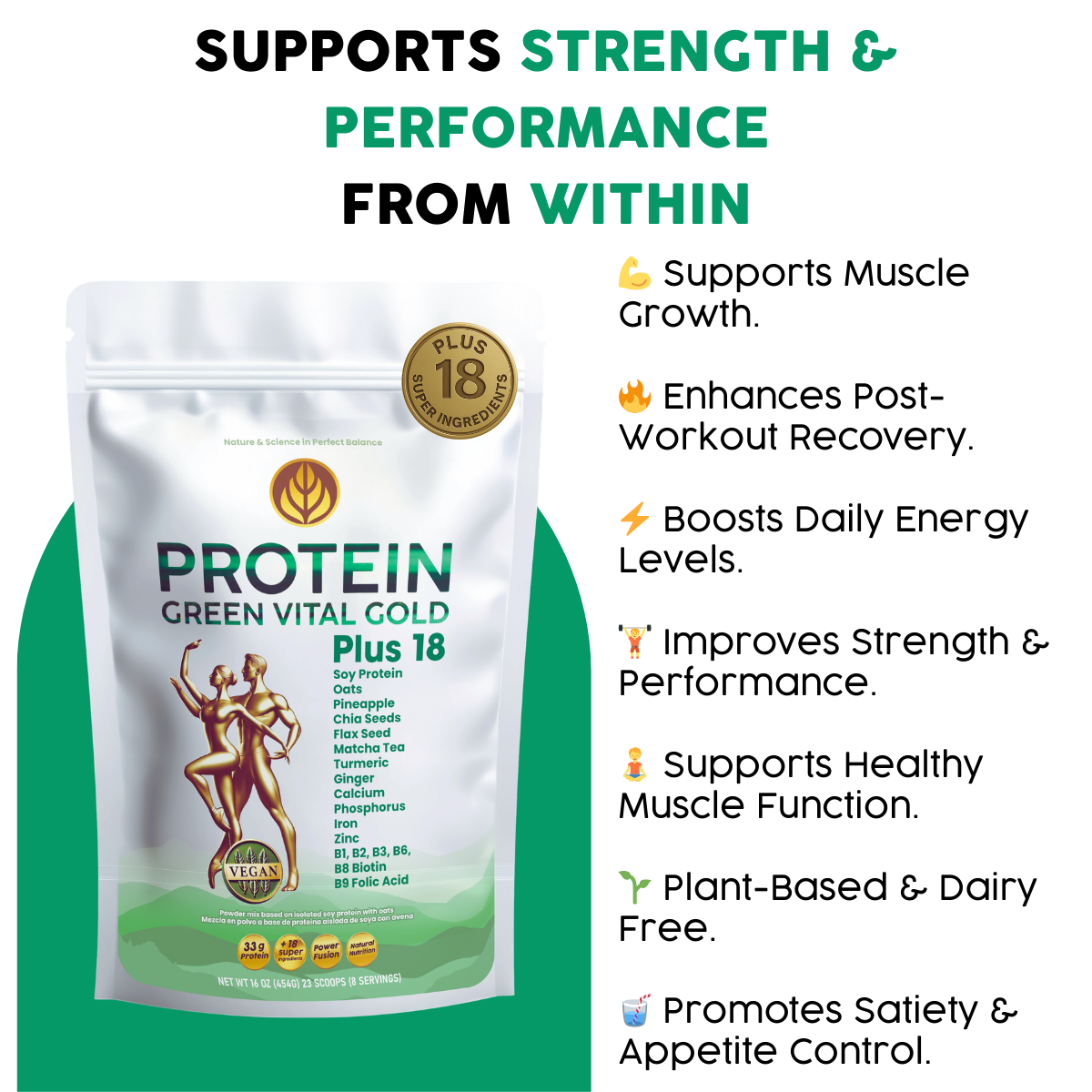 Protein Green Gold Plus 18 - Vegan Protein Whit 18 Super Ingredients.