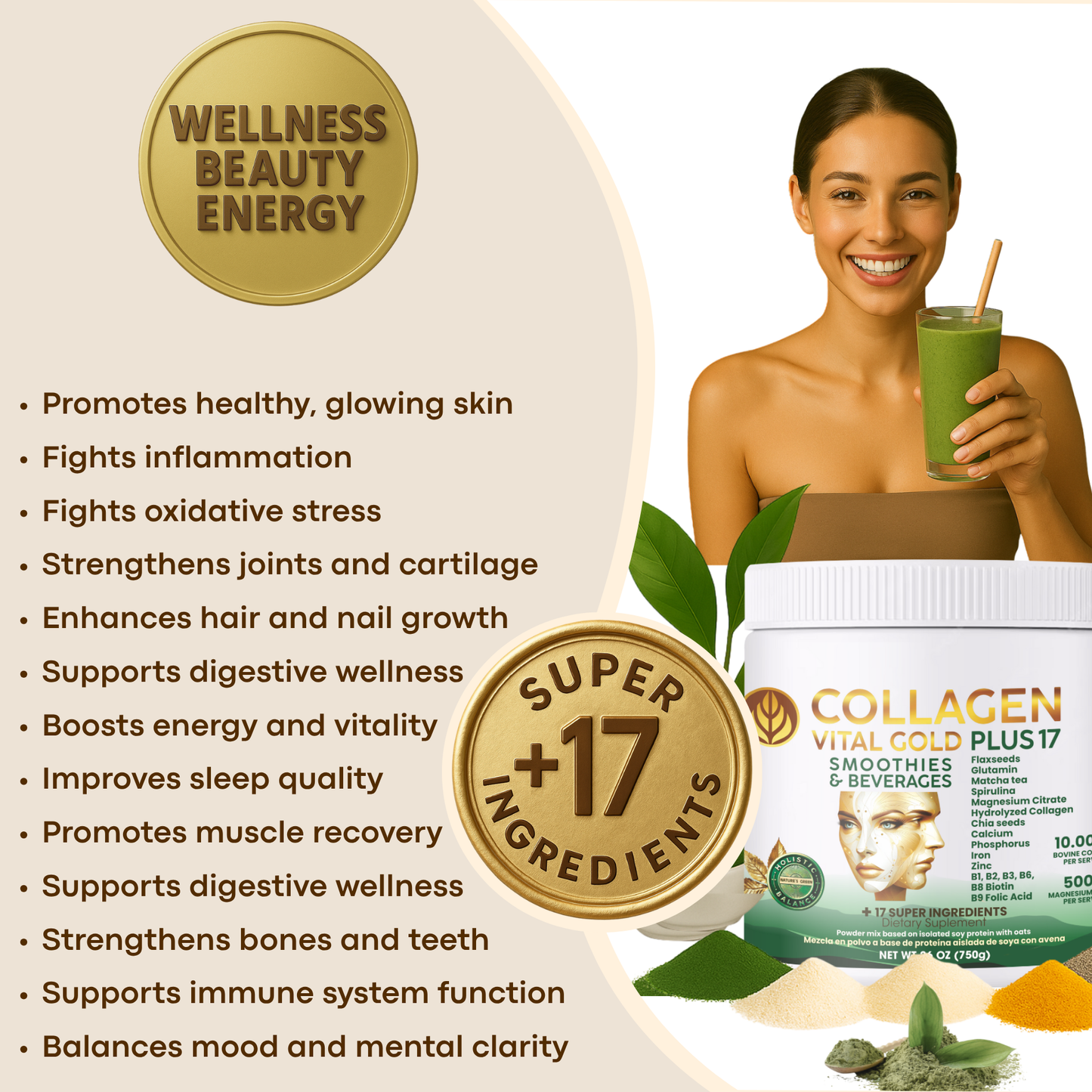 Collagen Peptides Powder +17 Super Ingredients, Mint & Lemon Flavor X 6 Units.