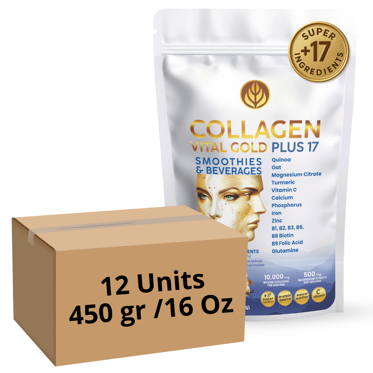 Collagen Peptides Powder +17 Super Ingredients, Vanilla Flavor X 12 Units.
