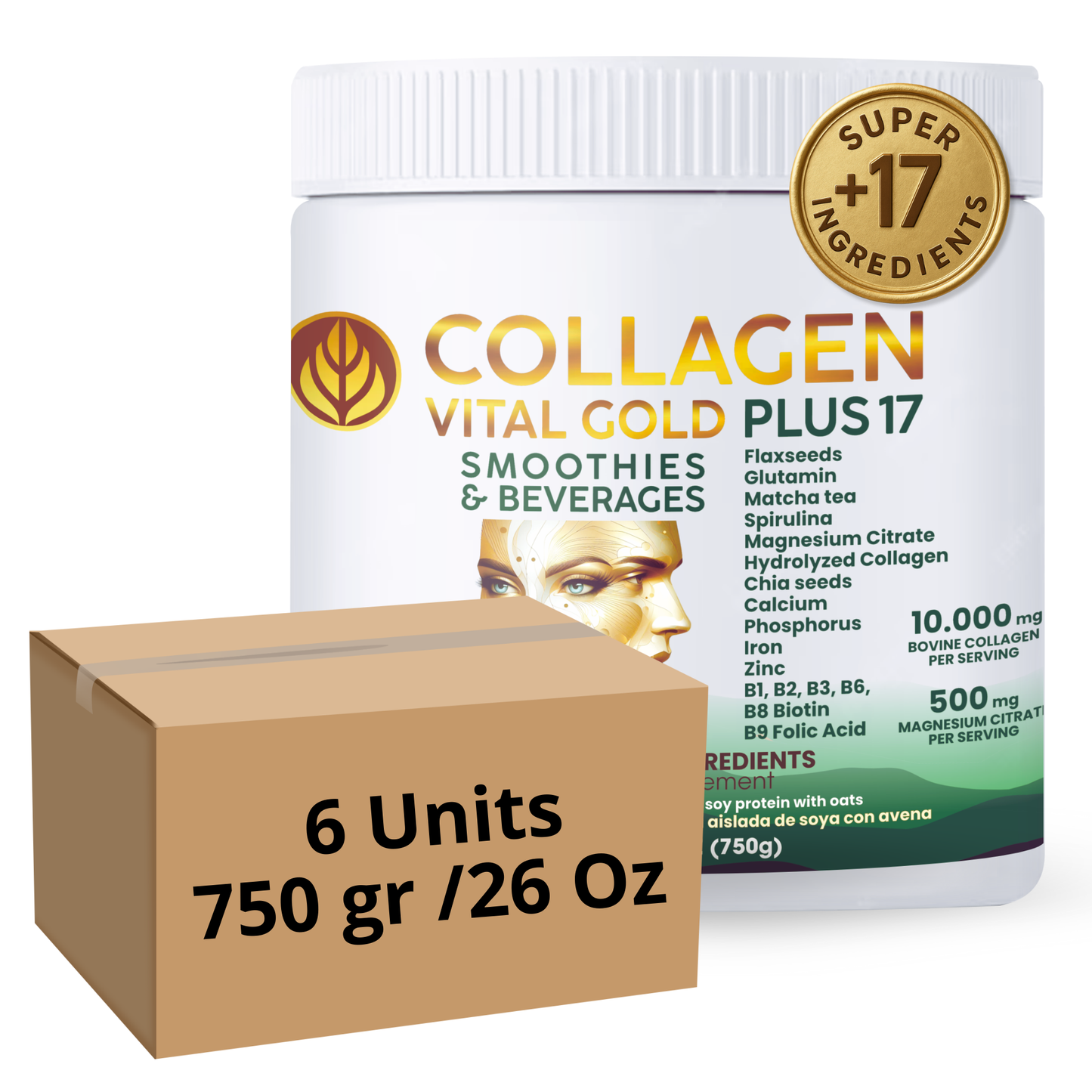 Collagen Peptides Powder +17 Super Ingredients, Mint & Lemon Flavor X 6 Units.