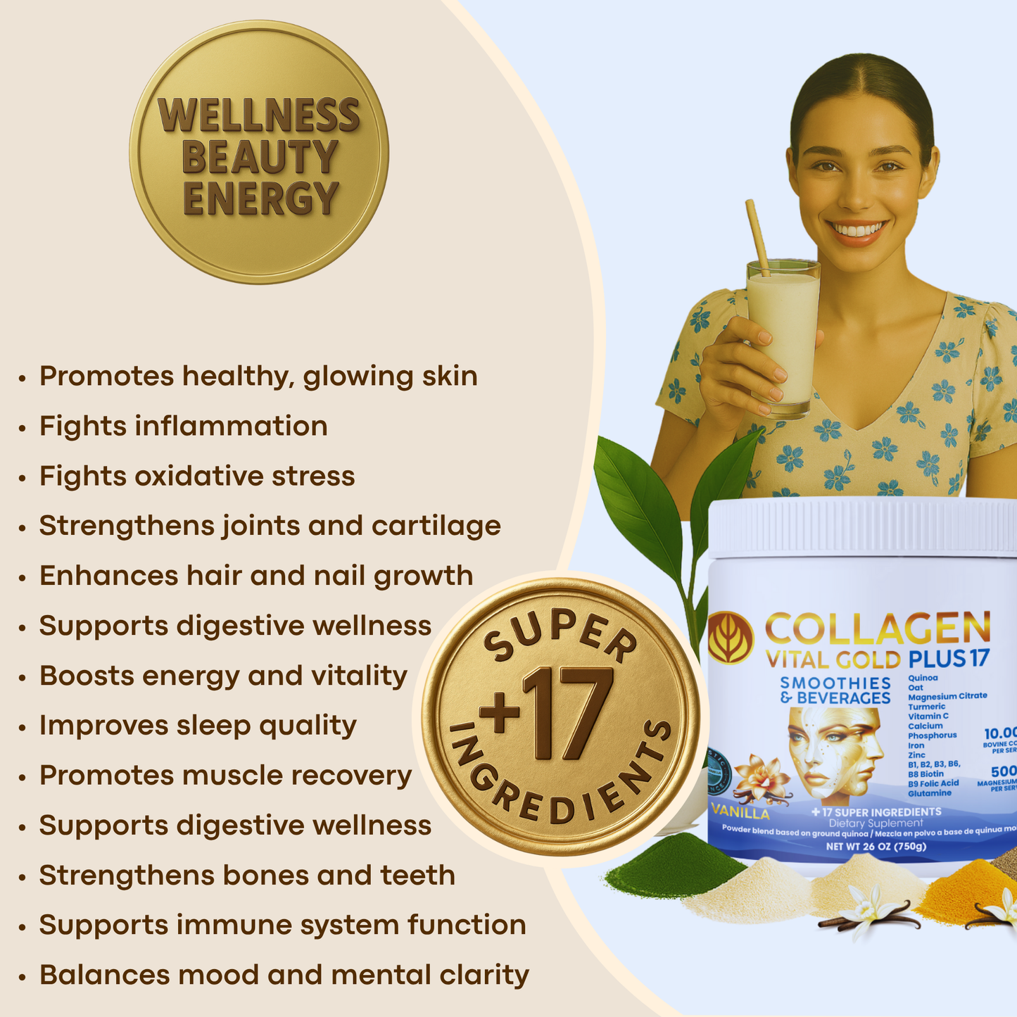 Collagen Peptides Powder +17 Super Ingredients, Vanilla Flavor X 6 Units.