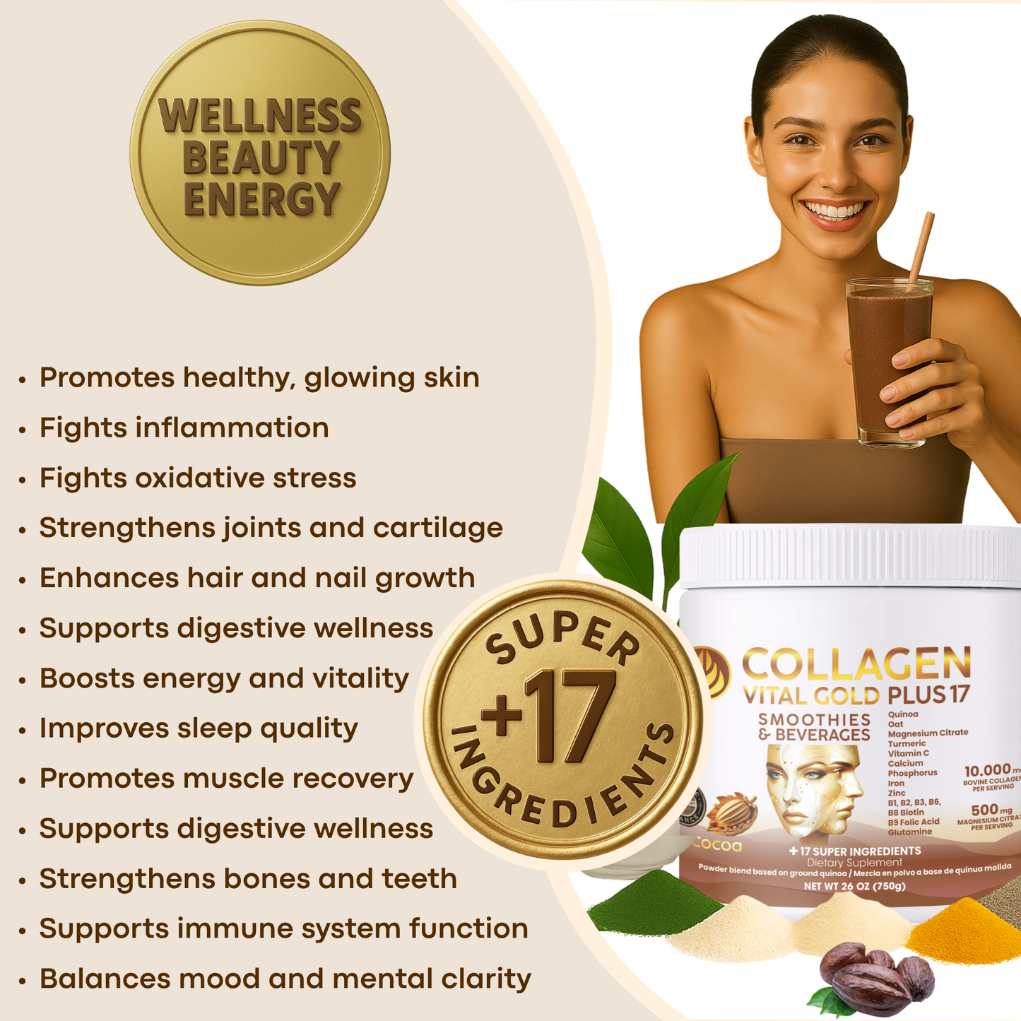 Collagen Peptides Powder +17 Super Ingredients, Cocoa Flavor X 6 Units.