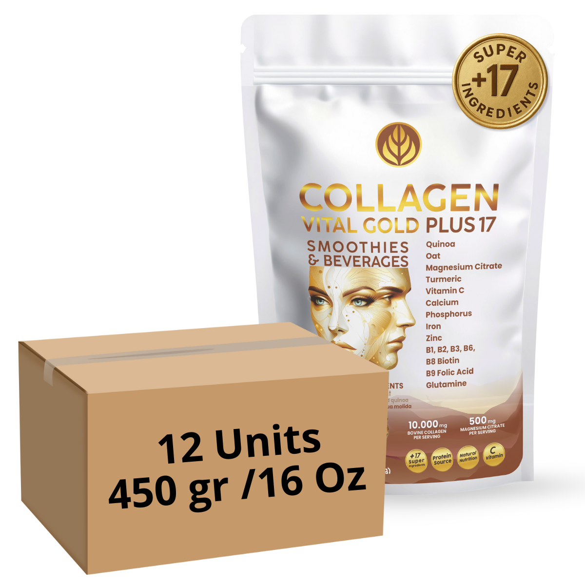 Collagen Peptides Powder +17 Super Ingredients, Cocoa Flavor X 12 Units.