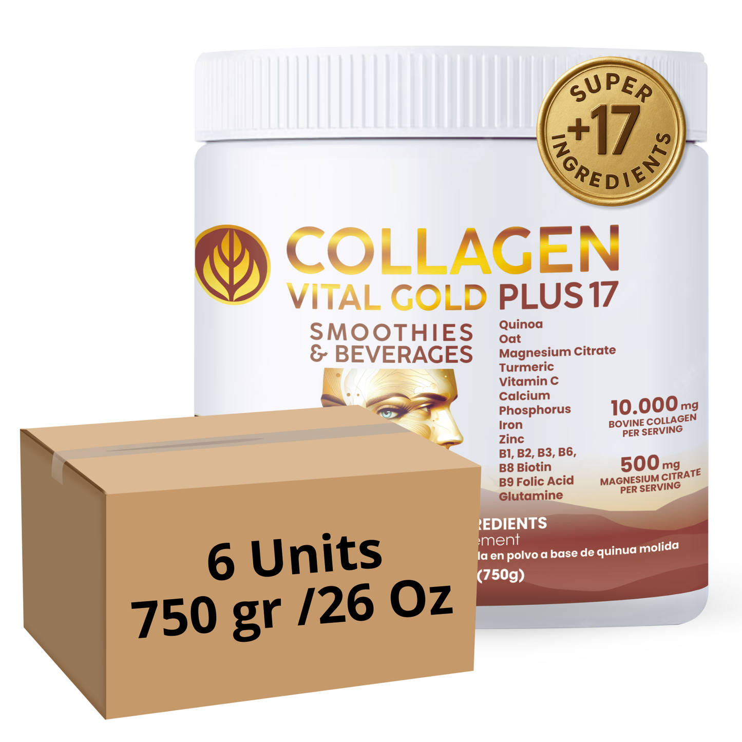 Collagen Peptides Powder +17 Super Ingredients, Cocoa Flavor X 6 Units.