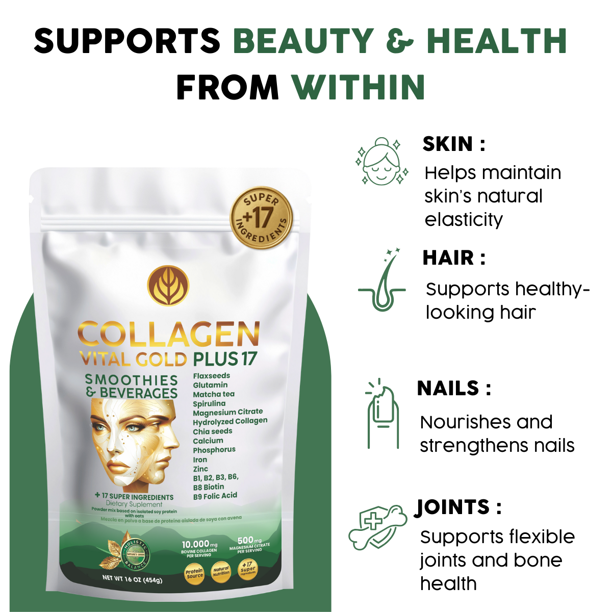 Collagen Peptides Powder +17 Super Ingredients, Mint & Lemon Flavor.