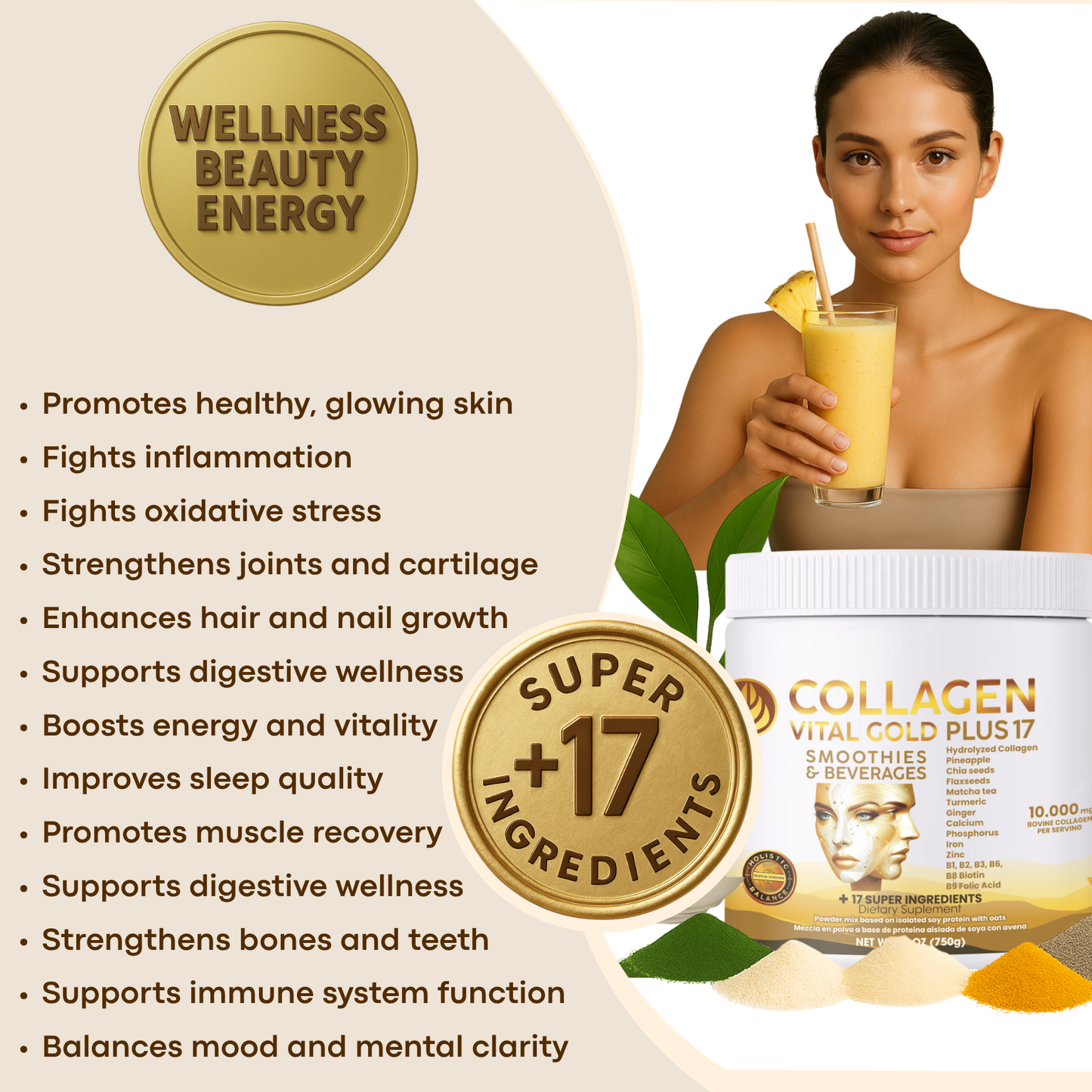 Collagen Peptides Powder +17 Super Ingredients, Pineapple Flavor X 6 Units.