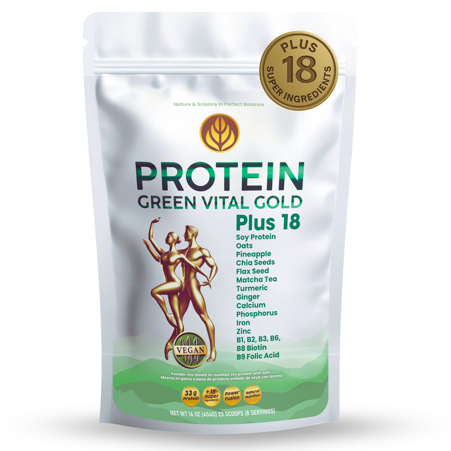 Protein Green Gold Plus 18 - Vegan Protein Whit 18 Super Ingredients.